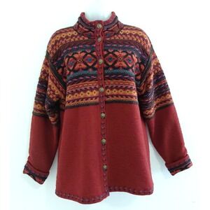 VTG Icelandic Sweater Wool Cardigan Women's Med Knit LINED Nordic Red Cozy Warm‎